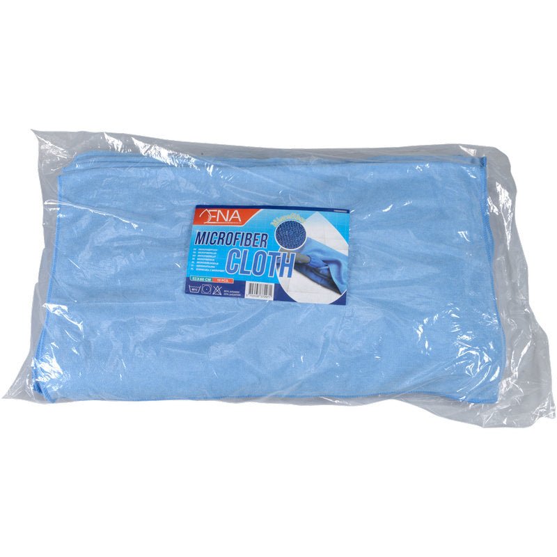 Een gevouwen blauwe ENA Soft microvezeldoek (53x60 cm) van Abena Re-Seller GmbH is verpakt in een doorzichtige plastic zak met een "Microvezeldoek"-etiket, productinformatie en een gedeeltelijke afbeelding van het reinigingsdoekje in gebruik. De verpakking bevat 10 stuks.