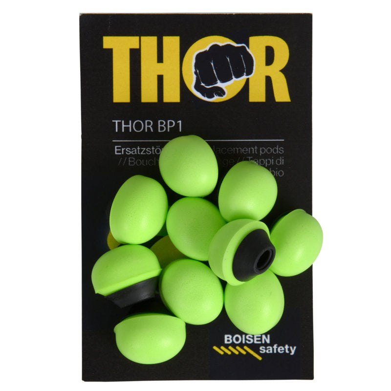 Eine Packung "Thor Refill für Bügelgehörschutz (812011)" der Abena Re-Seller GmbH enthält 60 hellgrüne Gehörschutz-Ersatzstöpsel mit schwarzen Ringen, die auf einer schwarzen Karte mit dem BOISEN-Sicherheitslogo am unteren Rand stehen.