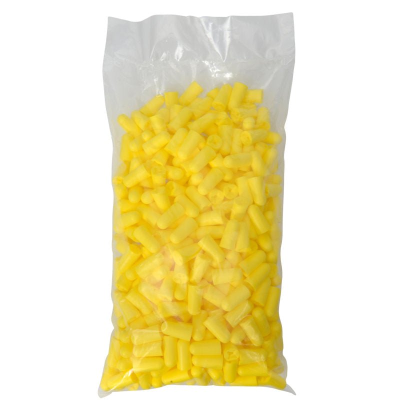 Een transparante plastic zak van Abena Re-Seller GmbH bevat 200 paar gele Thor oordopjes (SNR 37 dB, 813111), die bovenop een witte ondergrond zijn verzegeld.