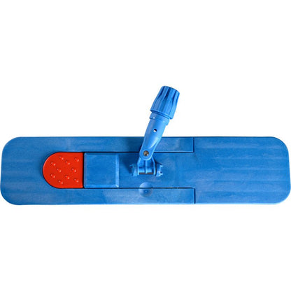 De magneet-klaphouder van Abena Re-Seller GmbH is een blauwe, rechthoekige vlakmopkop met een rood voetpedaal en een verstelbaar, blauw scharnier voor steelbevestiging, weergegeven van bovenaf op een witte achtergrond.