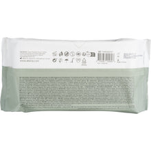 Die Rückseite der Abena Re-Seller GmbH Feuchtpflegetücher-Packung (80 Stück, 18x20 cm, Weiß, mit Klebeverschluss) zeigt Produktinfos, Verwendungssymbole, Barcode, Verfallsdatum und Herstellerangaben zur täglichen Hygiene in mehreren Sprachen.