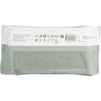 Die Rückseite der Abena Re-Seller GmbH Feuchtpflegetücher-Packung (80 Stück, 18x20 cm, Weiß, mit Klebeverschluss) zeigt Produktinfos, Verwendungssymbole, Barcode, Verfallsdatum und Herstellerangaben zur täglichen Hygiene in mehreren Sprachen.