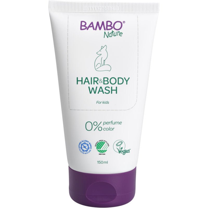 Een wit-paarse tube met de opdruk "Bambo Nature, Babyshampoo Huid & Haar, 150 ml" van Abena Re-Seller GmbH toont een vossenillustratie en iconen voor certificeringen. Veganistische formule met 0% parfum of kleur, perfect voor gevoelige babyhuid. Verpakking: 6 stuks.