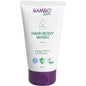 Een wit-paarse tube met de opdruk "Bambo Nature, Babyshampoo Huid & Haar, 150 ml" van Abena Re-Seller GmbH toont een vossenillustratie en iconen voor certificeringen. Veganistische formule met 0% parfum of kleur, perfect voor gevoelige babyhuid. Verpakking: 6 stuks.