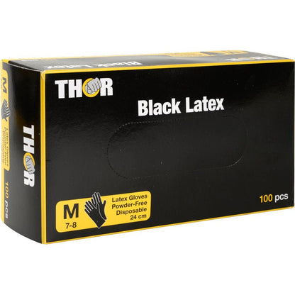 Een zwarte, rechthoekige doos van Abena Re-Seller GmbH met de opdruk "Thor Black Latex, Poedervrij" bevat 100 zwarte, poedervrije latexhandschoenen (maat M 7-8, lengte 24 cm), met gele en witte letters en grafiek op de verpakking.