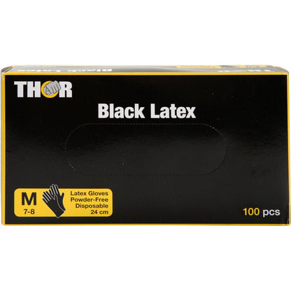 Een zwarte doos met de opdruk "Thor Black Latex, Poedervrij" van Abena Re-Seller GmbH bevat 100 zwarte, poedervrije wegwerp-latexhandschoenen (maat M, 24 cm). De voorkant toont een handsymbool en informatie in een geel kader.