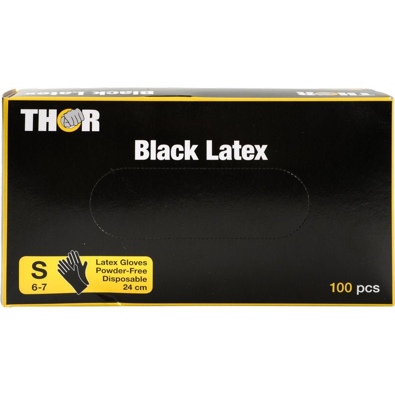 Een zwarte doos van Abena Re-Seller GmbH, geëtiketteerd met "Thor Black Latex, Poedervrij", bevat 100 zwarte latexhandschoenen, maat S (6-7), 24 cm lang; de verpakking toont witte en gele letters op een zwarte achtergrond.