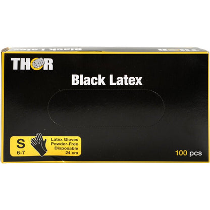 Een zwarte doos van Abena Re-Seller GmbH, geëtiketteerd met "Thor Black Latex, Poedervrij", bevat 100 zwarte latexhandschoenen, maat S (6-7), 24 cm lang; de verpakking toont witte en gele letters op een zwarte achtergrond.