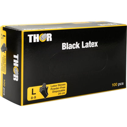 Een zwarte doos van Abena Re-Seller GmbH Thor Black Latex, Poedervrije Handschoenen, Maat groot (8-9), Wegwerp, 24 cm, bevat 100 stuks. De verpakking heeft gele en witte letters met handschoenafbeeldingen.