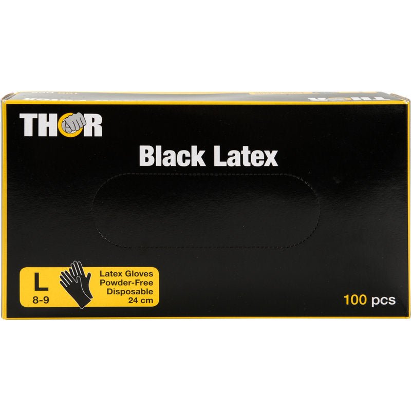 Een zwarte doos met de opdruk "Thor Black Latex, Poedervrij" van Abena Re-Seller GmbH bevat 100 grote (8-9), poedervrije, zwarte wegwerp-latexhandschoenen (24 cm). De doos is voorzien van gele en witte letters en een handschoensymbool.
