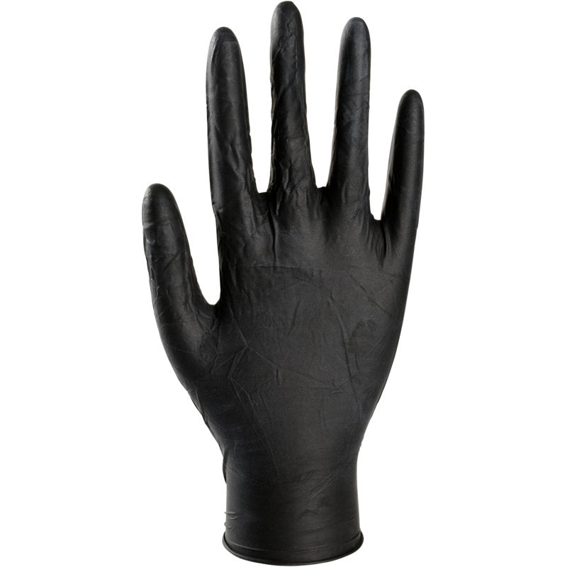 Een enkele Thor Black Latex wegwerphandschoen, poedervrij van Abena Re-Seller GmbH, is rechtop te zien met gestrekte vingers en handpalm naar voren tegen een witte achtergrond. Perfect alternatief voor conventionele handschoenen.