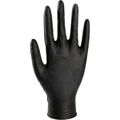 Een enkele Thor Black Latex wegwerphandschoen, poedervrij van Abena Re-Seller GmbH, is rechtop te zien met gestrekte vingers en handpalm naar voren tegen een witte achtergrond. Perfect alternatief voor conventionele handschoenen.