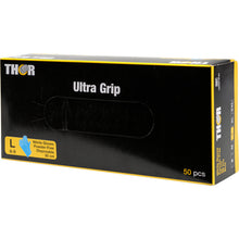Eine blaue Box mit der Aufschrift "Thor Ultra Grip Long" der Abena Re-Seller GmbH enthält 50 große, puderfreie Einweg-Nitril-Handschuhe (30 cm).