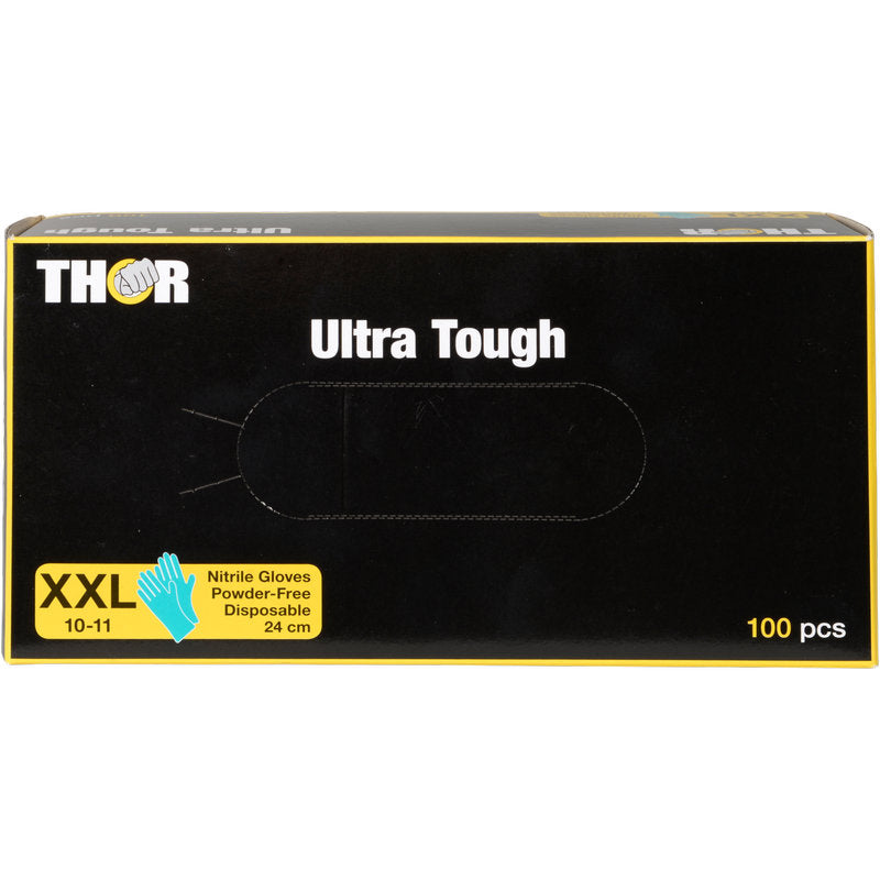 Eine rechteckige schwarze Box mit der Aufschrift "Thor Ultra Tough, Grün" von Abena Re-Seller GmbH enthält 100 puderfreie XXL-Einmalhandschuhe aus Nitril, Größe 10-11, 24 cm. Ideal für Outdoor-Aktivitäten - langlebig mit grüner Grafik und gelben Akzenten.