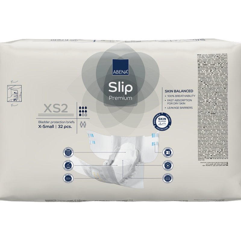 Een verzegelde verpakking ABENA Slip Premium van Abena Re-Seller GmbH, maat X-Small, bevat 32 slips. Aan de voorkant zijn de belangrijkste kenmerken en een diagram afgebeeld, waardoor ze ideaal is voor effectieve incontinentiezorg.