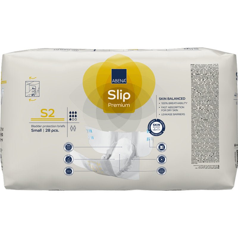 Een 28-pack ABENA Slip Premium van Abena Re-Seller GmbH, kleine maat, in meestal witte verpakking met gele en blauwe accenten. Ideaal voor betrouwbare incontinentiezorg; de productinformatie staat aan de voorkant.