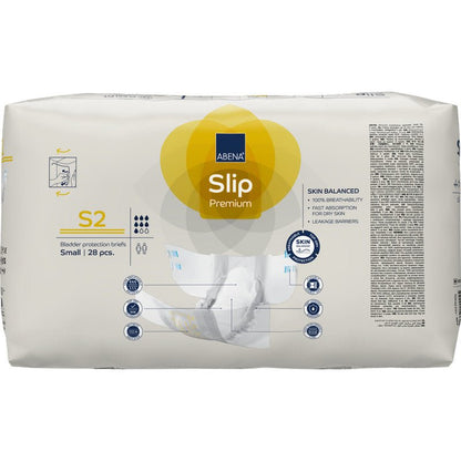 Een 28-pack ABENA Slip Premium van Abena Re-Seller GmbH, kleine maat, in meestal witte verpakking met gele en blauwe accenten. Ideaal voor betrouwbare incontinentiezorg; de productinformatie staat aan de voorkant.