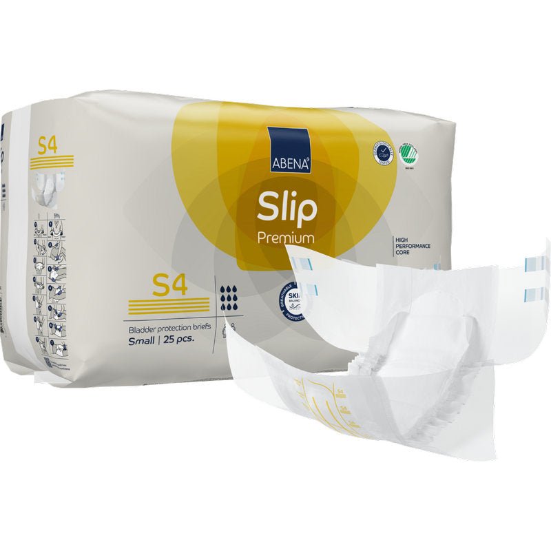 Een 25-stuks verpakking ABENA Slip Premium van Abena Re-Seller GmbH, maat small. Voor de verpakking is een geopende slip afgebeeld om het ontwerp en de eigenschappen voor effectieve incontinentiezorg te benadrukken.