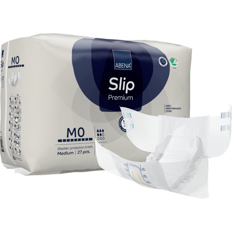 Een verpakking ABENA Slip Premium blaasbeschermingsslips van Abena Re-Seller GmbH, middelgrote maat, 27 stuks. Op de voorkant is een witte slip met blauwe en grijze accenten afgebeeld, die zijn vorm en het ontwerp van de incontinentiezorg benadrukt.