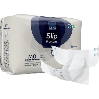 Een verpakking ABENA Slip Premium blaasbeschermingsslips van Abena Re-Seller GmbH, middelgrote maat, 27 stuks. Op de voorkant is een witte slip met blauwe en grijze accenten afgebeeld, die zijn vorm en het ontwerp van de incontinentiezorg benadrukt.