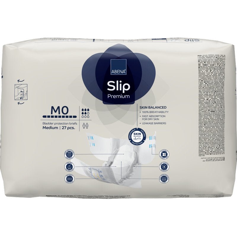 Een verpakking ABENA Slip Premium van Abena Re-Seller GmbH, middelgrote maat, bevat 27 stuks. De overwegend witte verpakking met blauwe en grijze accenten biedt betrouwbare incontinentiezorg en bevat gedetailleerde productinformatie.