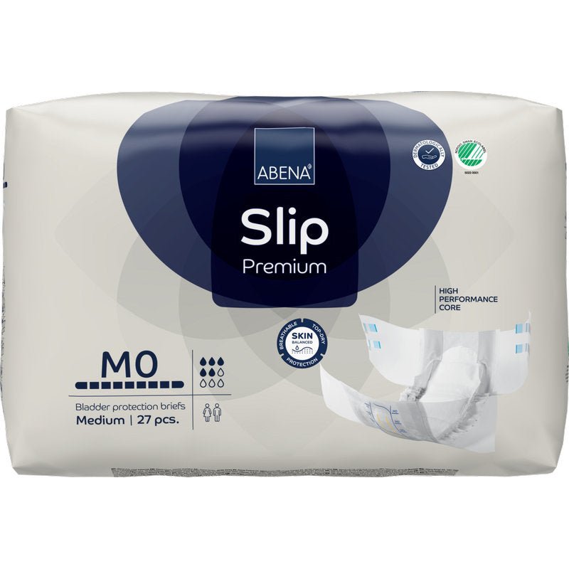 Een verpakking ABENA Slip Premium (van Abena Re-Seller GmbH), middelgrote maat, 27 stuks, komt in een witte verpakking met blauw/grijze accenten en de afbeelding van een geopende slip aan de rechterkant.