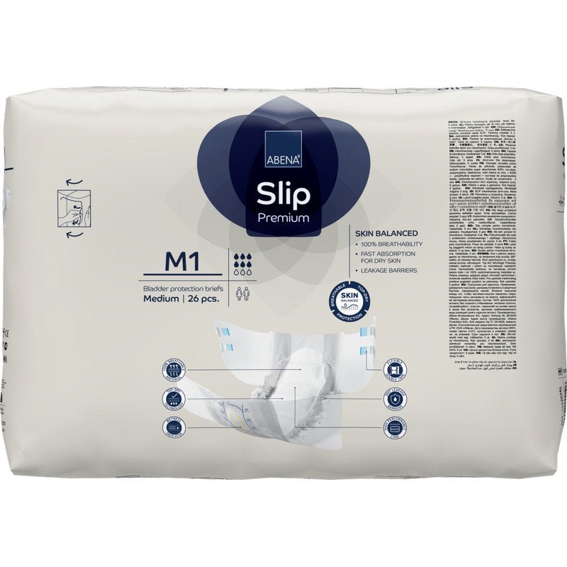 Een 26-delige verpakking ABENA Slip Premium van Abena Re-Seller GmbH, middelgrote maat, voor effectieve incontinentiezorg. Witte verpakking met blauwe/grijze accenten, productinformatie en een afbeelding van een slip.