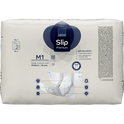 Een 26-delige verpakking ABENA Slip Premium van Abena Re-Seller GmbH, middelgrote maat, voor effectieve incontinentiezorg. Witte verpakking met blauwe/grijze accenten, productinformatie en een afbeelding van een slip.