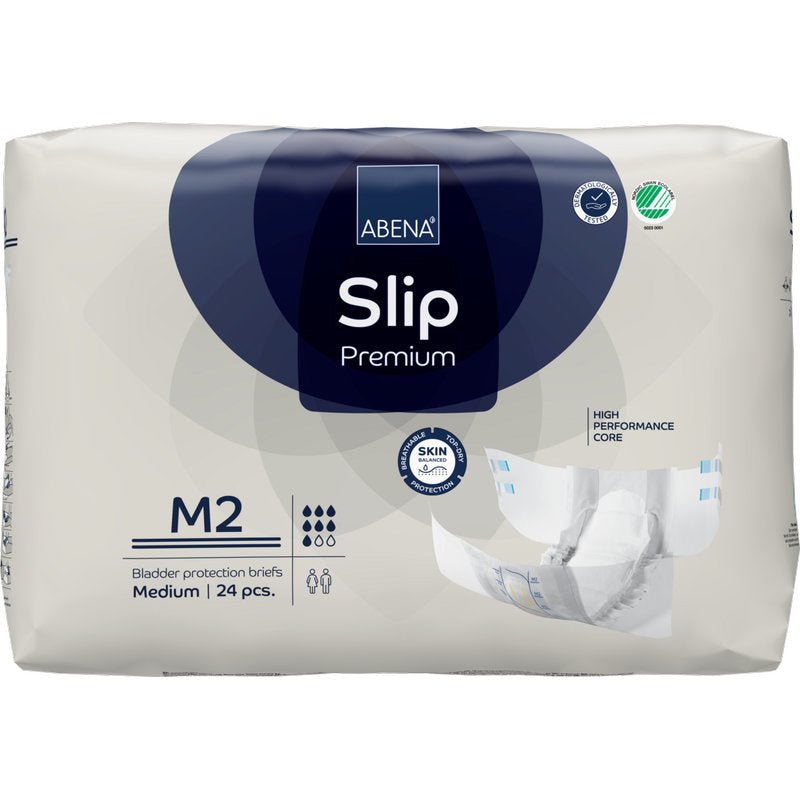 Een 24-pack ABENA Slip Premium van Abena Re-Seller GmbH, maat M2 medium, biedt huidvriendelijke, krachtige incontinentiebescherming voor comfort en veiligheid.