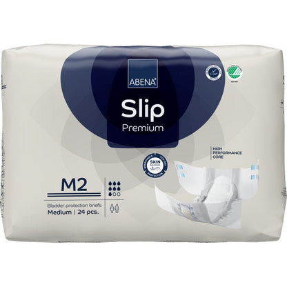 Een 24-pack ABENA Slip Premium van Abena Re-Seller GmbH, maat M2 medium, biedt huidvriendelijke, krachtige incontinentiebescherming voor comfort en veiligheid.