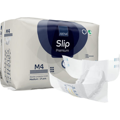 Afgebeeld is een verpakking ABENA Slip Premium van Abena Re-Seller GmbH met een ongevouwen slip op de voorgrond. De verpakking bevat 21 middelgrote slips voor betrouwbare incontinentiezorg.