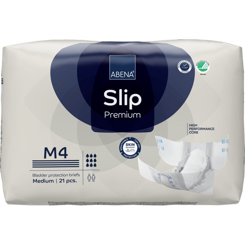 Een 21-delige verpakking ABENA Slip Premium van Abena Re-Seller GmbH, maat M4, voor effectieve incontinentiezorg. De verpakking kenmerkt zich door een krachtige kern, huidvriendelijkheid en de afbeelding van een open slip.