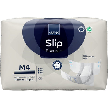Een 21-delige verpakking ABENA Slip Premium van Abena Re-Seller GmbH, maat M4, voor effectieve incontinentiezorg. De verpakking kenmerkt zich door een krachtige kern, huidvriendelijkheid en de afbeelding van een open slip.