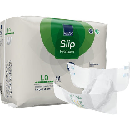 Een verpakking ABENA Slip Premium volwassenluiers van Abena Re-Seller GmbH, maat large, 26 stuks per verpakking. Een ongevouwen luier is afgebeeld voor de groen-blauwe verpakking met zichtbare productdetails.