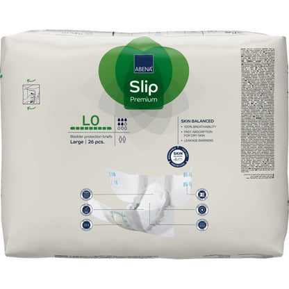Een verpakking ABENA Slip Premium slips van Abena Re-Seller GmbH, grote maat, 26 stuks. De verpakking toont producteigenschappen, iconen en handen die een slip vasthouden.