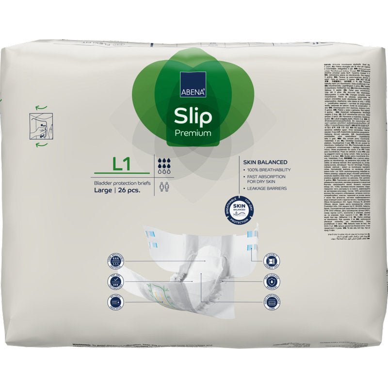 Een verpakking van 26 stuks ABENA Slip Premium van Abena Re-Seller GmbH, maat large, voor effectieve incontinentiezorg. De overwegend witte verpakking heeft groene en blauwe accenten met productinformatie en pictogrammen.