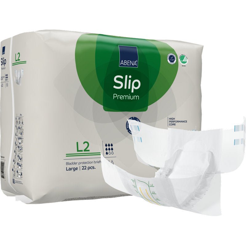 Een verpakking ABENA Slip Premium van Abena Re-Seller GmbH, grote maat, 22 stuks; een slip is aan de voorkant gedeeltelijk opengevouwen. De witte verpakking met groene en blauwe accenten zorgt voor betrouwbare incontinentiebescherming.