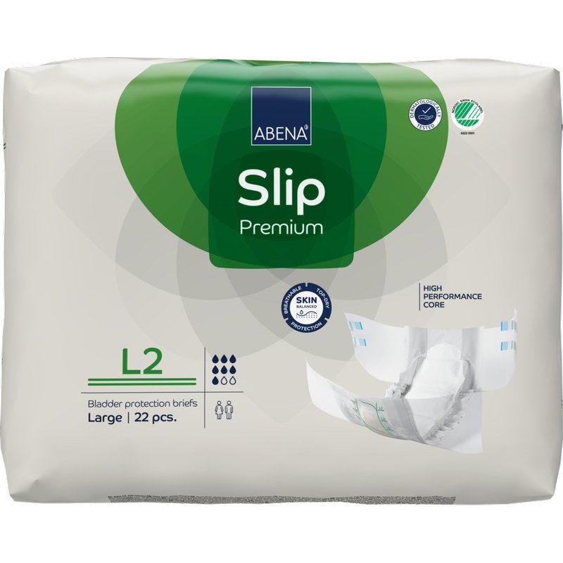 Een verpakking van 22 stuks ABENA Slip Premium van Abena Re-Seller GmbH, maat Large, in een overwegend witte verpakking met groene accenten; beschikt over een "hoogprestatieskern" voor effectieve blaasbescherming.