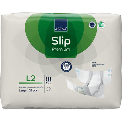 Een verpakking van 22 stuks ABENA Slip Premium van Abena Re-Seller GmbH, maat Large, in een overwegend witte verpakking met groene accenten; beschikt over een "hoogprestatieskern" voor effectieve blaasbescherming.