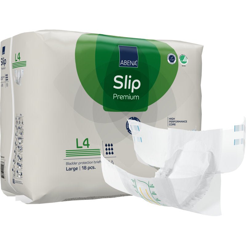 Een verpakking ABENA Slip Premium van Abena Re-Seller GmbH, groot formaat (18 stuks), wordt naast een ongevouwen slip getoond om het ontwerp en de eigenschappen te benadrukken.