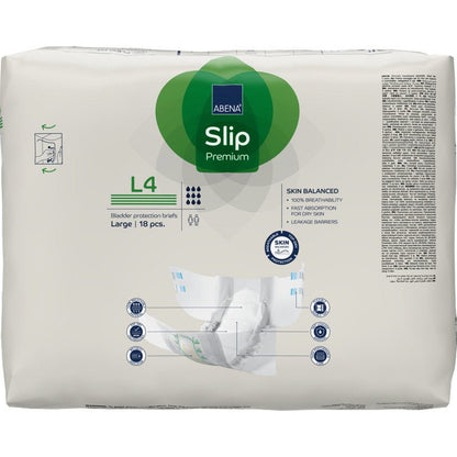 Een verpakking ABENA Slip Premium van Abena Re-Seller GmbH, maat Large, 18 stuks. De verpakking toont de producteigenschappen en een illustratie van een slip die in de hand wordt gehouden om de incontinentiezorg te vergemakkelijken.