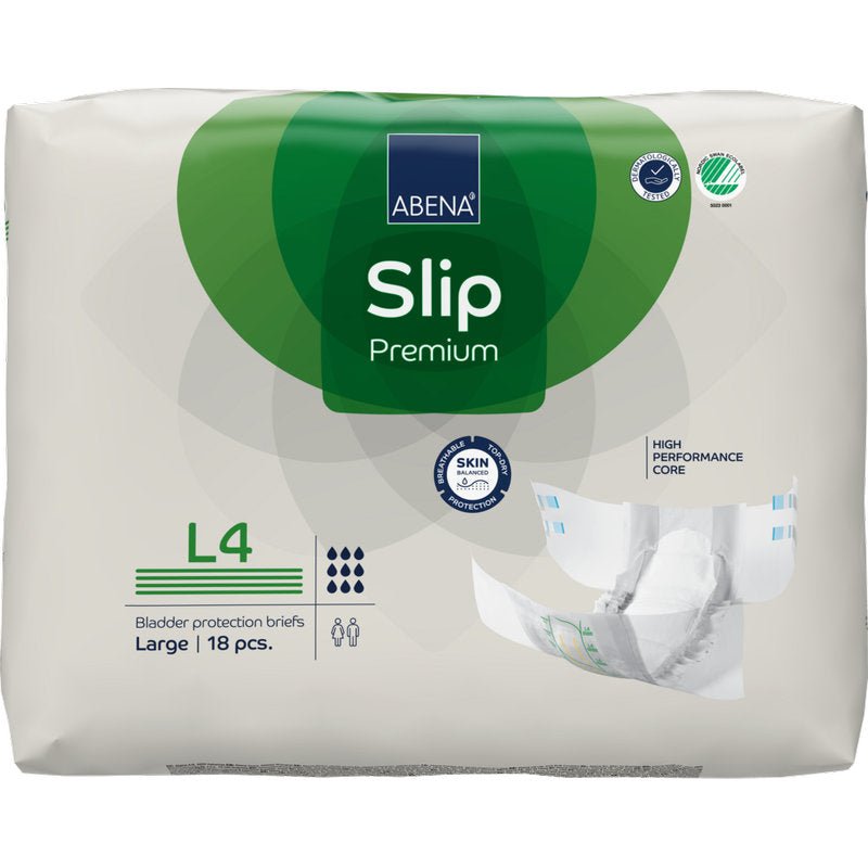 Een verpakking ABENA Slip Premium van Abena Re-Seller GmbH, maat Large (L4), bevat 18 slips. De wit-groene verpakking toont een open slip en iconen voor hoge absorptie en huidbescherming.