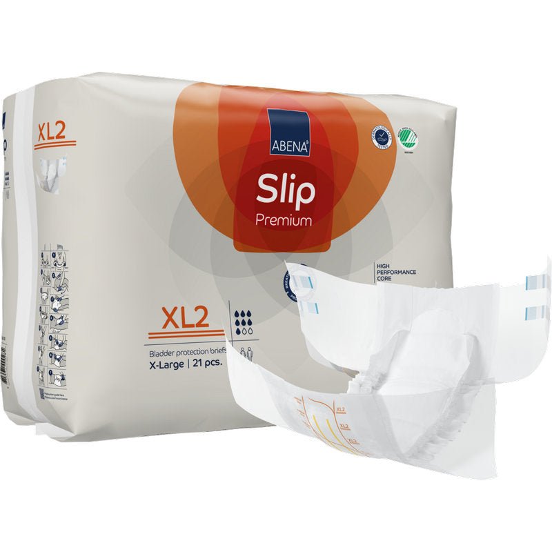 ABENA Slip Premium van Abena Re-Seller GmbH, maat XL2, biedt betrouwbare incontinentiebescherming met een krachtige kern. De verpakking bevat 21 stuks, waarbij een ongevouwen luier op de voorkant is afgebeeld.