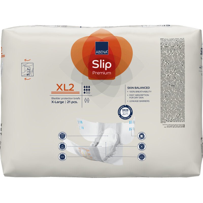 Een verpakking ABENA Slip Premium van Abena Re-Seller GmbH, maat XL2, bevat 21 stuks in een beige verpakking met blauwe en oranje accenten, productdetails, een hand die een luier vasthoudt en pictogrammen van incontinentiezorg.