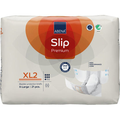 Een verpakking van 21 stuks ABENA Slip Premium van Abena Re-Seller GmbH in de maat X-Large heeft een witte verpakking met oranje en rode accenten, die de belangrijkste voordelen voor effectieve incontinentiezorg benadrukken.