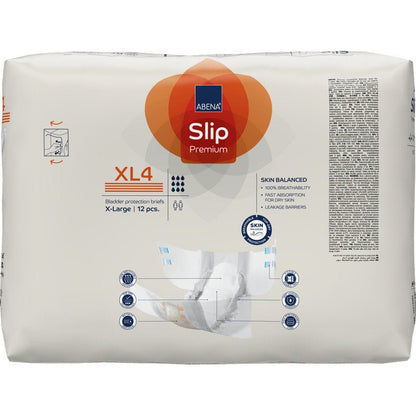 Een verpakking ABENA Slip Premium van Abena Re-Seller GmbH, maat XL4 X-Large, 12 stuks per verpakking, met voorkant en handen die een slip vasthouden - perfect voor betrouwbare incontinentiezorg.