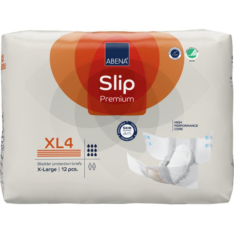 Een verpakking ABENA Slip Premium van Abena Re-Seller GmbH, maat X-Large (XL4), bevat 12 slips voor incontinentie. De witte verpakking is voorzien van oranje en blauwe accenten en toont afbeeldingen van de slip en de producteigenschappen.