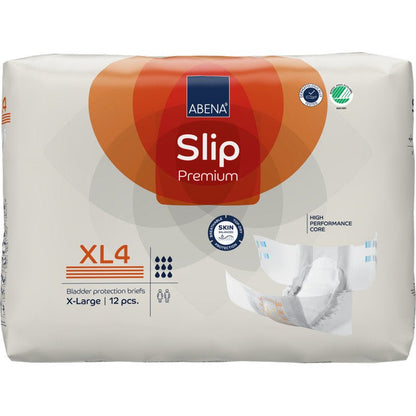 Een verpakking ABENA Slip Premium van Abena Re-Seller GmbH, maat X-Large (XL4), bevat 12 slips voor incontinentie. De witte verpakking is voorzien van oranje en blauwe accenten en toont afbeeldingen van de slip en de producteigenschappen.