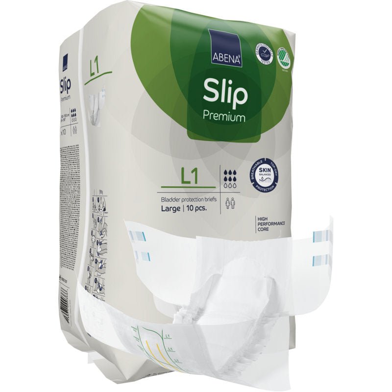 Een verpakking ABENA Slip Premium volwassen-slips van Abena Re-Seller GmbH, maat Large, met een slip aan de voorkant. Verpakkingshoogtepunten zijn een krachtige kern en huidvriendelijk materiaal voor optimale incontinentiezorg.