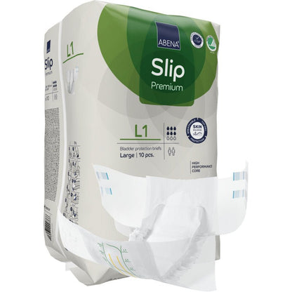 Een verpakking ABENA Slip Premium volwassen-slips van Abena Re-Seller GmbH, maat Large, met een slip aan de voorkant. Verpakkingshoogtepunten zijn een krachtige kern en huidvriendelijk materiaal voor optimale incontinentiezorg.